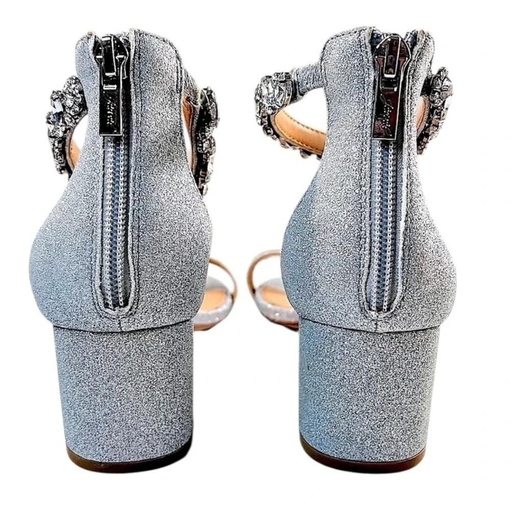 Jewel Badgley Mischka, Shimmery Silver‎ Satin Shoe, Rhinestone Ankle Strap, Sz 8